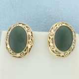 Vintage Jade Screw Back Non Pierced Ears Filigree Earrings In 14k Yellow Gold