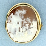 Vintage Family Farm Hand Carved Cameo Pin Brooch In 14k Yellow Gold