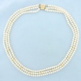 Triple Strand Pearl And Gold Bead Necklace In 14k Yellow Gold