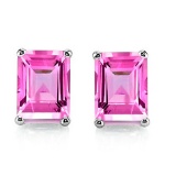 4x6 Emerald Cut Lab Pink Sapphire Earrings In Sterling Silver