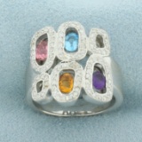 Rainbow Gemstone And Diamond Halo Ring In 18k White Gold