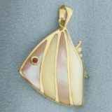 Angelfish Pendant With Mother Of Pearl Inlay And Ruby Eye In 14k Yellow Gold