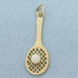 Tennis Racket Pearl Charm In 14k Yellow Gold