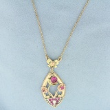 Vintage Pink Sapphire Flower Lavalier Necklace In 10k Yellow, Rose, White, And Green Gold