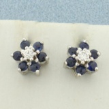 Sapphire And Diamond Flower Target Design Earrings In 14k White Gold