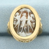 Three Graces Carved Shell Cameo Ring In 18k Yellow Gold