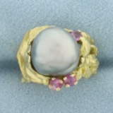 Designer Angela Conty Tahitian Pearl And Pink Sapphire Flower Ring In 18k Yellow Gold