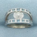 Blue And White Diamond Ring In 18k White Gold