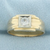 Mens Solitaire Quartz Ring In 10k Yellow Gold