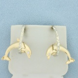 Diamond Dolphin Hoop Earrings In 14k Yellow And White Gold