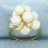 Cultured Akoya Pearl And Diamond Ring In 18k Yellow Gold