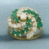 Emerald And Diamond Swirl Design Ring In 14k Yellow Gold