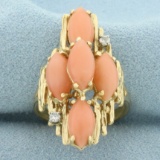 Vintage Angel Skin Coral And Diamond Ring In 14k Yellow Gold