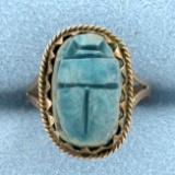 Vintage Hand Carved Blue Scarab Ring In 10k Rose Gold