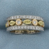 Wide Yellow And White Diamond Pave Band Ring In 18k White, Rose, And Yellow Gold