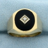 Vintage Onyx And Diamond Signet Ring In 14k Yellow Gold