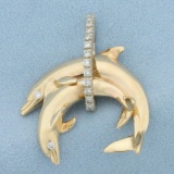 Large Diamond Dolphin Pendant In 14k Yellow Gold