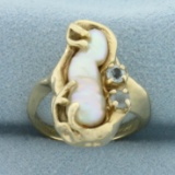 Baroque Pearl And Aquamarine Ring In 14k Yellow Gold