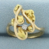 Diamond Abstract Design Nugget Ring In 14k Yellow Gold Mounting With 24k Gold Nuggets