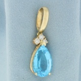 15ct Large Swiss Blue And Diamond Pendant In 14k Yellow Gold