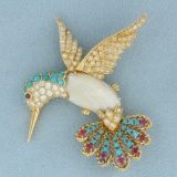 Hummingbird Broach Pin With Diamond, Ruby, Turquoise, And Pearl In 18k Yellow Gold