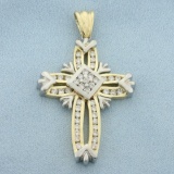 Unique Large Diamond Cross Pendant In 14k Yellow And White Gold
