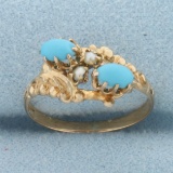 Vintage Persian Turquoise And Seed Pearl Ring In 10k Yellow Gold