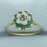 Emerald And Diamond Flower Ring In 10k Yellow Gold