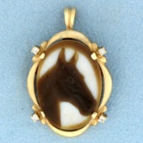 Diamond Horse Cameo Pendant Or Brooch In 10k Yellow Gold