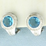 Checkerboard Cut Swiss Blue Topaz And Diamond Earrings In 18k White Gold