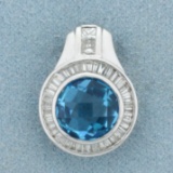 Checkerboard Cut Swiss Blue Topaz Pendant In 18k White Gold
