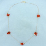 Red Coral Station Necklace In 14k Yellow Gold