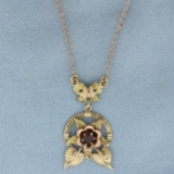 Vintage Lavalier Garnet Flower Necklace In 14k And 10k Yellow Gold