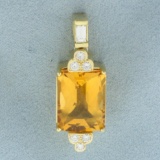 Checkerboard Cut Citrine And Diamond Pendant In 18k Yellow Gold