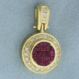 Ruby And Diamond Halo Pendant In 18k Yellow Gold
