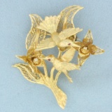 Hummingbirds And Flowers Ruby And Diamond Brooch In 14k Yellow Gold