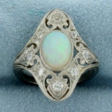 Antique Opal And Old European Diamond Filigree Ring In 18k White Gold