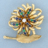 Vintage Designer Dan Frere Emerald, Sapphire, And Diamond Feather And Flower Design Pin Brooch In 14
