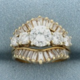Vintage Round And Baguette Diamond Engagement Ring In 14k Yellow Gold