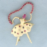 Ballerina Dancer Pin With Ruby, Sapphire, And Diamonds In 14k Yellow Gold