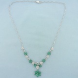 6ct Emerald And Diamond Flower Design Necklace In 14k White Gold