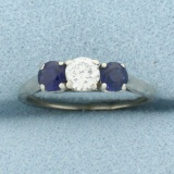 Diamond And Sapphire 3-stone Ring In 14k White Gold