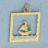 Emerald Sailing Boat Pendant In 14k Yellow Gold
