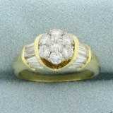 Round And Baguette Diamond Flower Ring In 18k Yellow Gold
