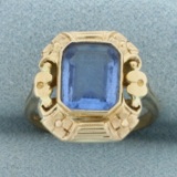 Vintage Blue Topaz Flower Design Ring In 10k Yellow Gold