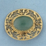 Vintage Designer Jade Filigree Pendant Or Pin In 14k Yellow Gold