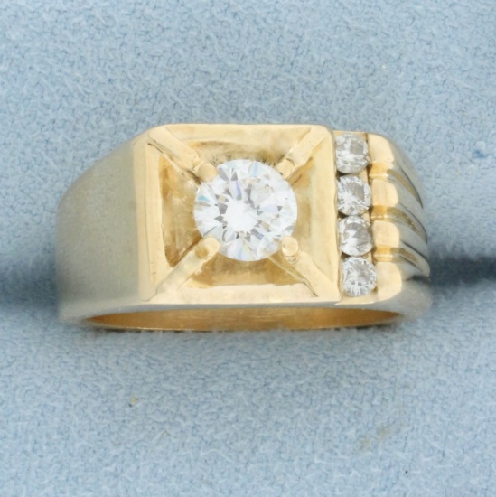 Mens Vintage Diamond Statement Ring In 14k Yellow Gold