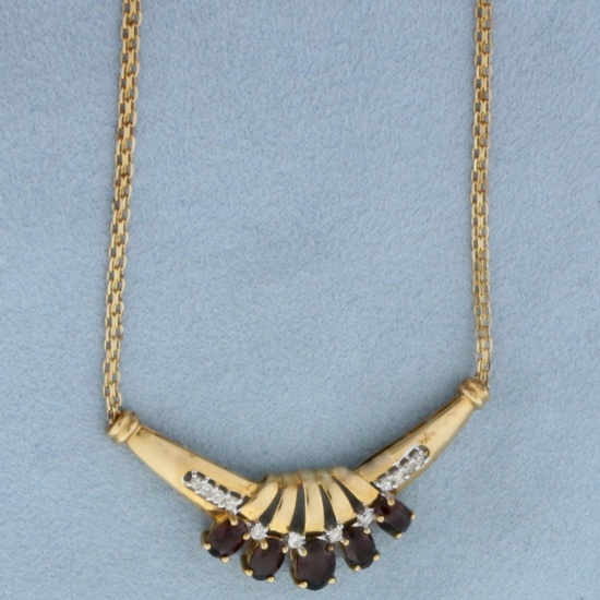 Vintage Garnet And Diamond Necklace In 14k Yellow Gold