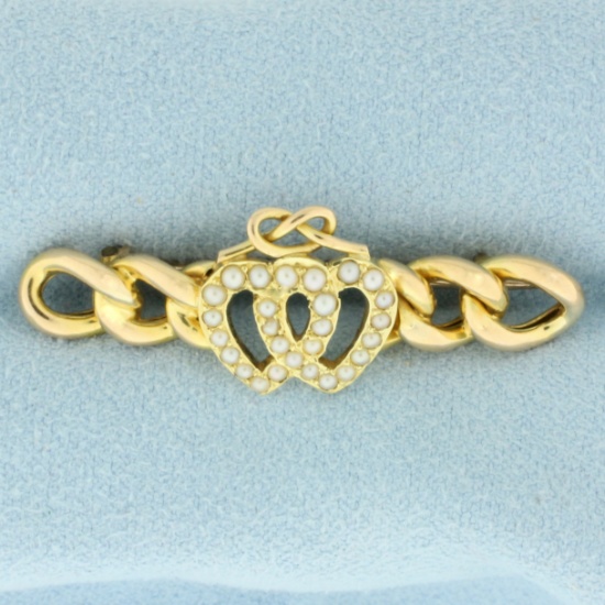 Antique 1894 Victorian Heart Seed Pearl Pin Brooch In 15k Yellow Gold