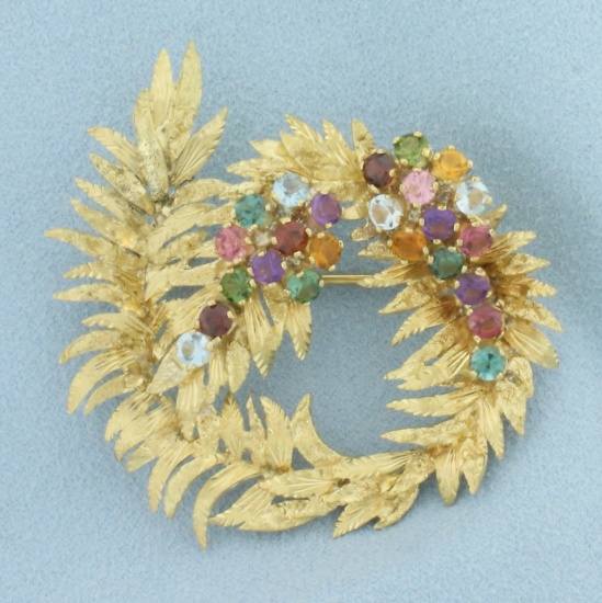 Vintage Rainbow Gemstone Wreath Brooch In 18k Yellow Gold
